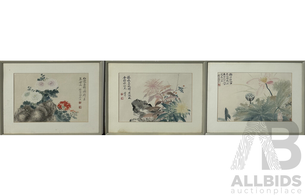 20th Century Japanese School, Flowers, Block Print, Collection of Three Framed Vintage Prints, 34 x 52.5 cm (frames) (2)