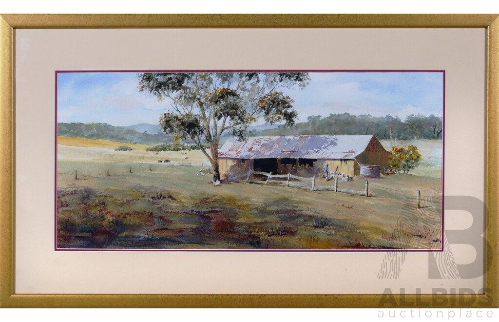 Karen Webber, (20th Century, Australian), Bega Farmyard, Watercolour, 29 x 66 cm (image)