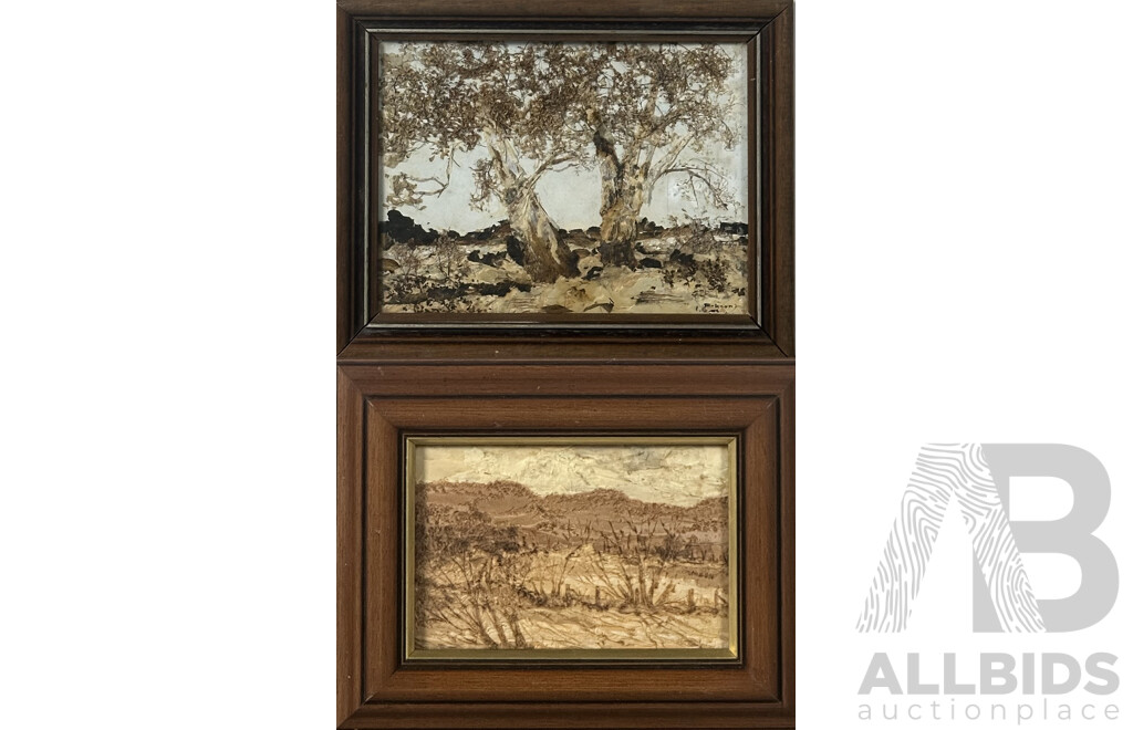 Sue-Anne Nixon (20th C, Australian), 'Old Leewang', Forbes, 17.5 x 22 cm (frame); I.G. Jackson, (20th C, Australian), 24 x 31 cm (frame), Mixed Media, Bark & Natural Items, (2)