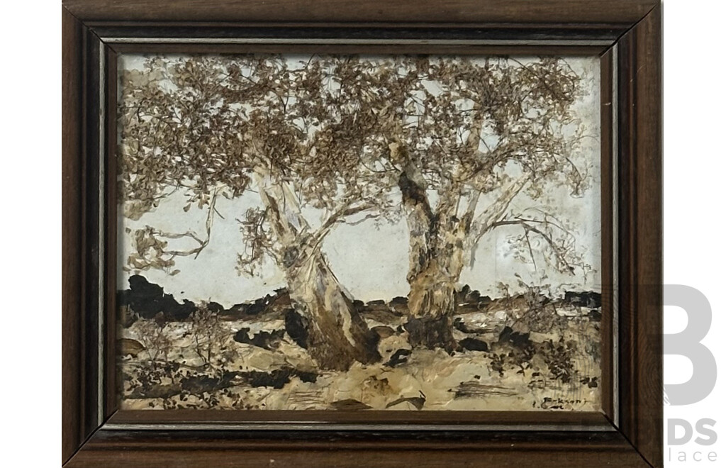 Sue-Anne Nixon (20th C, Australian), 'Old Leewang', Forbes, 17.5 x 22 cm (frame); I.G. Jackson, (20th C, Australian), 24 x 31 cm (frame), Mixed Media, Bark & Natural Items, (2)