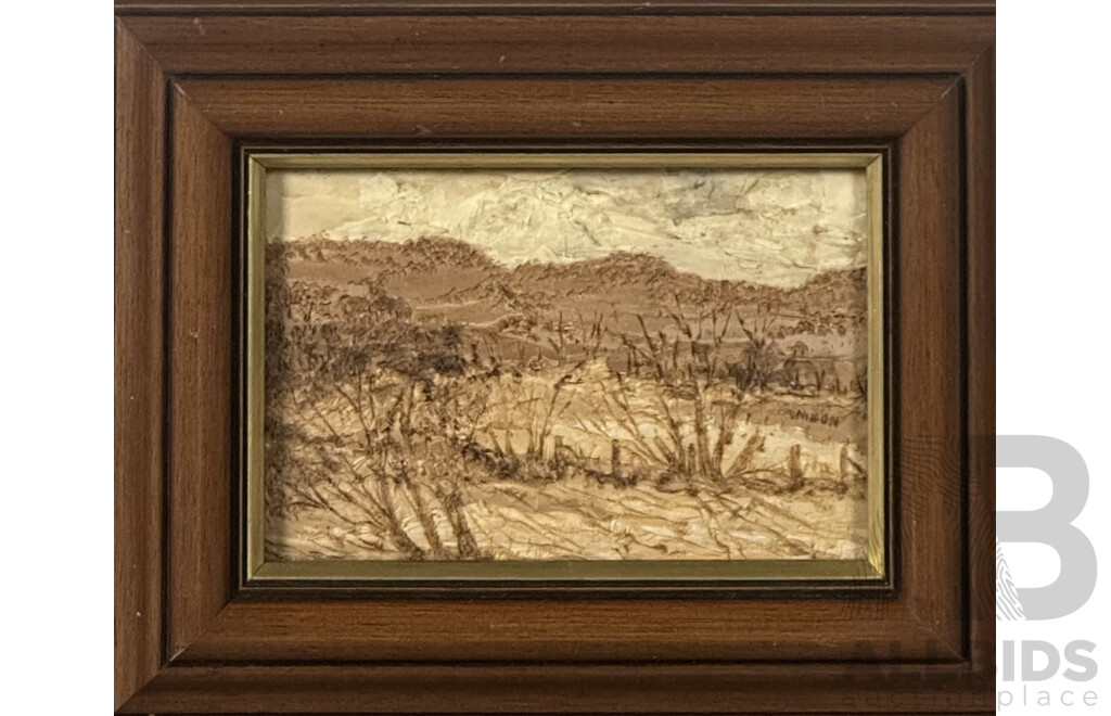 Sue-Anne Nixon (20th C, Australian), 'Old Leewang', Forbes, 17.5 x 22 cm (frame); I.G. Jackson, (20th C, Australian), 24 x 31 cm (frame), Mixed Media, Bark & Natural Items, (2)