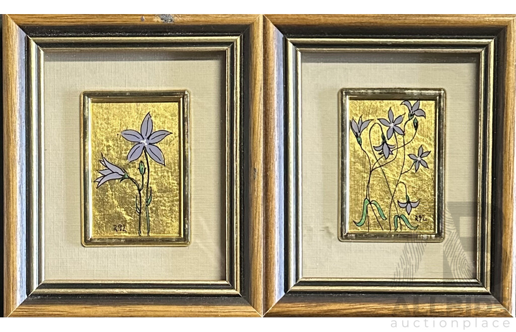 Renato Giraldi, (Active 1990s, Born 1947-), Royal Bluebells, Handpainted on 23 Ct Gold Leaf, (1992)13 X 11 Cm (frames) (2)