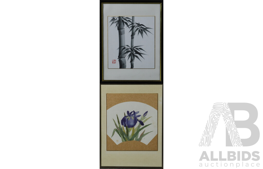 Asian Brush Painting of Bamboo, Alongside Mixed Media Paper Iris 