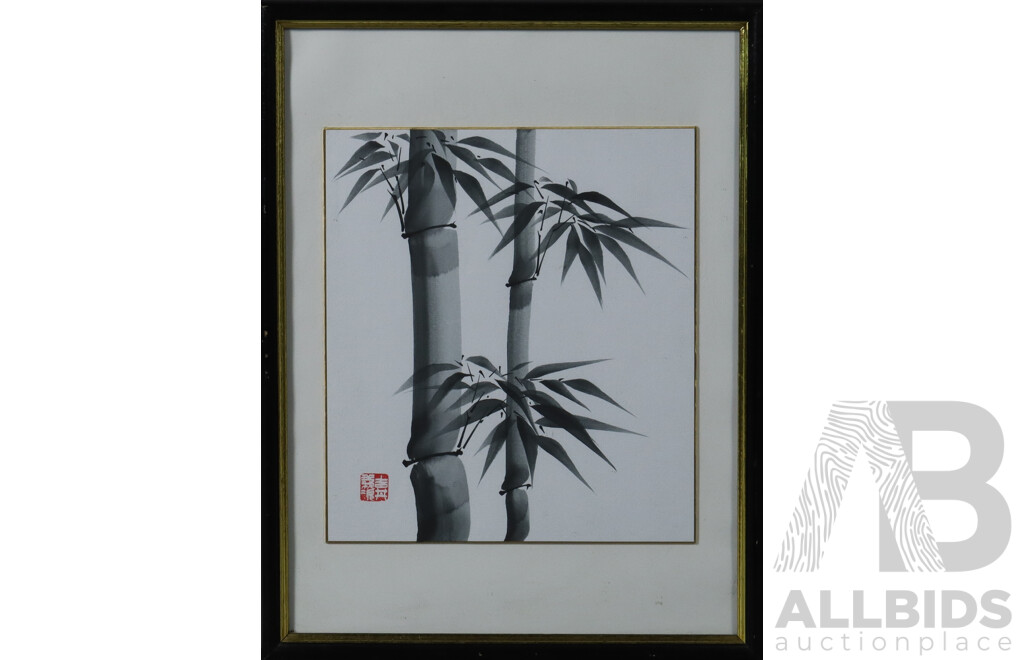 Asian Brush Painting of Bamboo, Alongside Mixed Media Paper Iris 