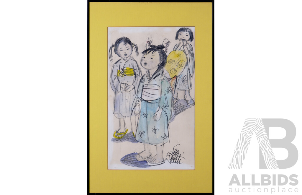 Leo (Atiglio Leoni) Politi), (20th Century, American,1908-1996), Three Japanese Girlfriends, Pencil and Watercolour, 67 x 44 cm (frame)