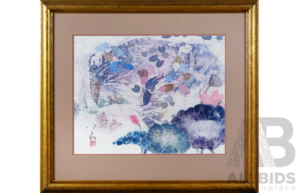 Tseng-Ying Pang (20th Century, Japanese Born American-Chinese, 1916-1997), Water Lilies and Fish, Reproduction Colour Print of Original Lithograph, 76 x 85 cm (frame)