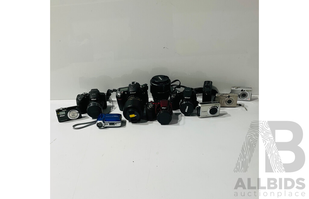 Collection of Digital Cameras and Video Cameras Including Nikon Coolpix P100