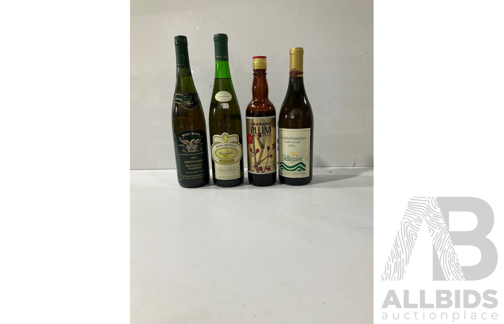 Collection of Four Bottles of Wine Including Wolf Glass Frontignan Traminer, Brown Brothers Gewürztraminer, Akadama Plum Wine and Skillogaklee Gewürztraminer