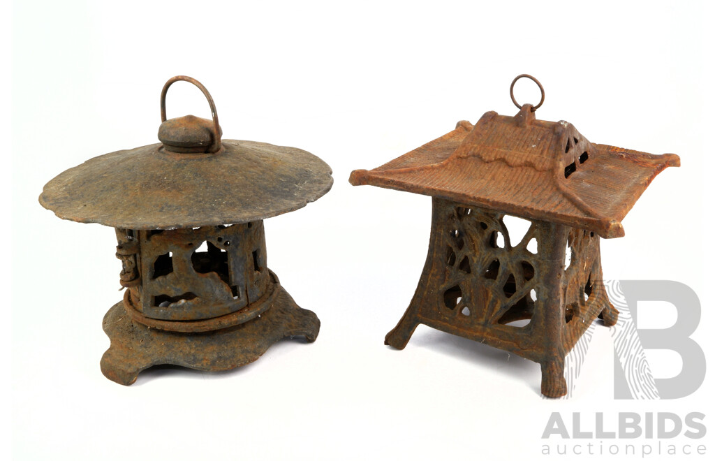 Two Vintage Japanese Iron Pagoda Form Lanterns