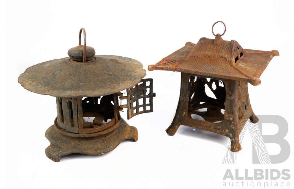 Two Vintage Japanese Iron Pagoda Form Lanterns