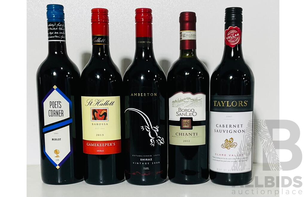 Five Bottles of Various Red Wines