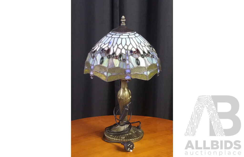 Non Matching Pair of Tiffany Style Table Lamps with Faux Leadlight Shade