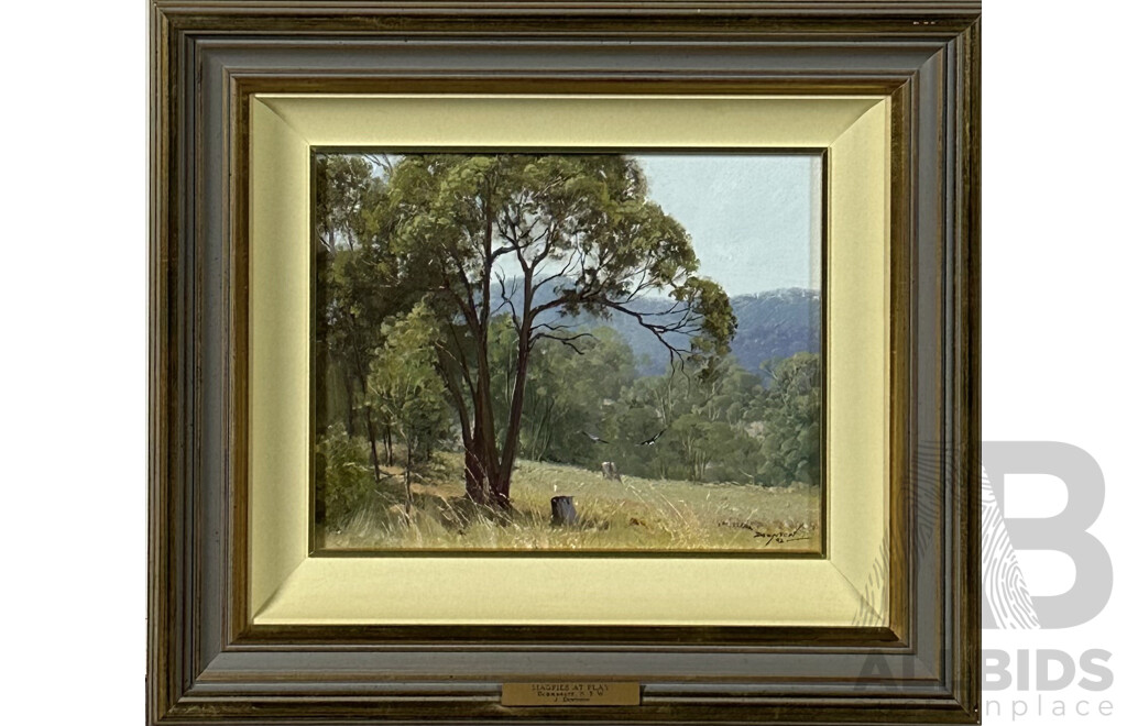 Betty Whitford and J. Downton (20th Century, Australian School), Roof Tops and Magpies at Play, Pair of Oil on Boards, 36 x 40 cm (larger Frame)