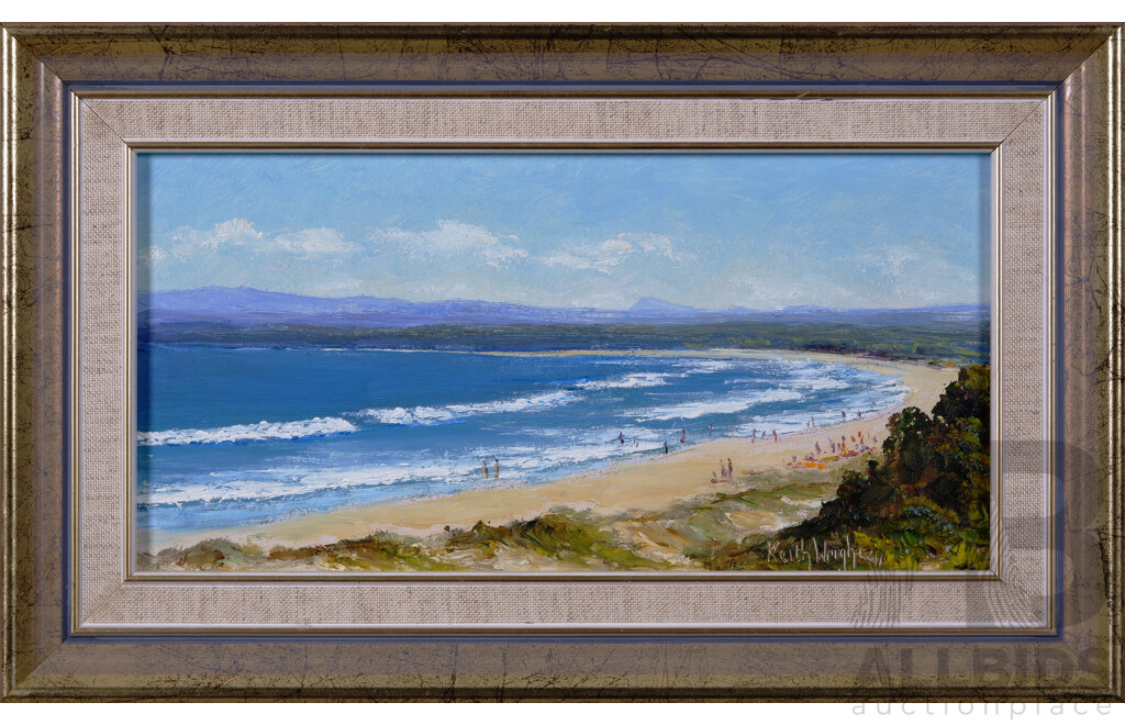 Keith Wright, (20th Century, Australian, Working 1980s), Main Beach, Merimbula, Acrylic on Board, 12.5 X 24.5 Cm (image)