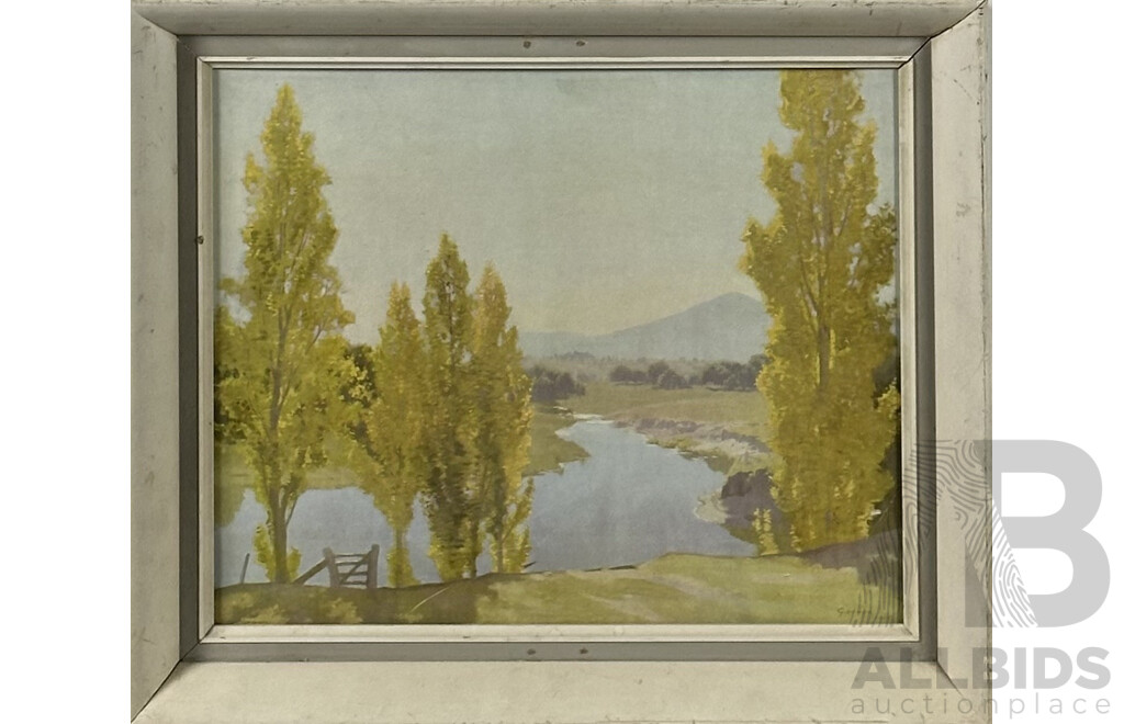 Elioth Gruner, (Australian School, 1882-1939), Poplars, Molonglo River, Canberra, Vintage Framed Reproduction Copy of the Original Oil Painting From 1937, 38.5 x 45 cm (frame)