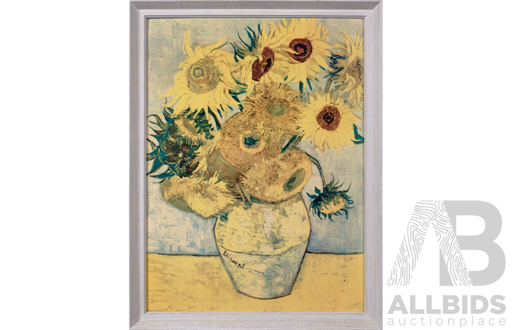 Vincent Van Gogh, (Post Impressionist, Dutch School, 1853-1890), Sunflowers, Vintage Reproduction Colour Copy on Canvas of Original From 1888, 66 x 51 cm (frame)