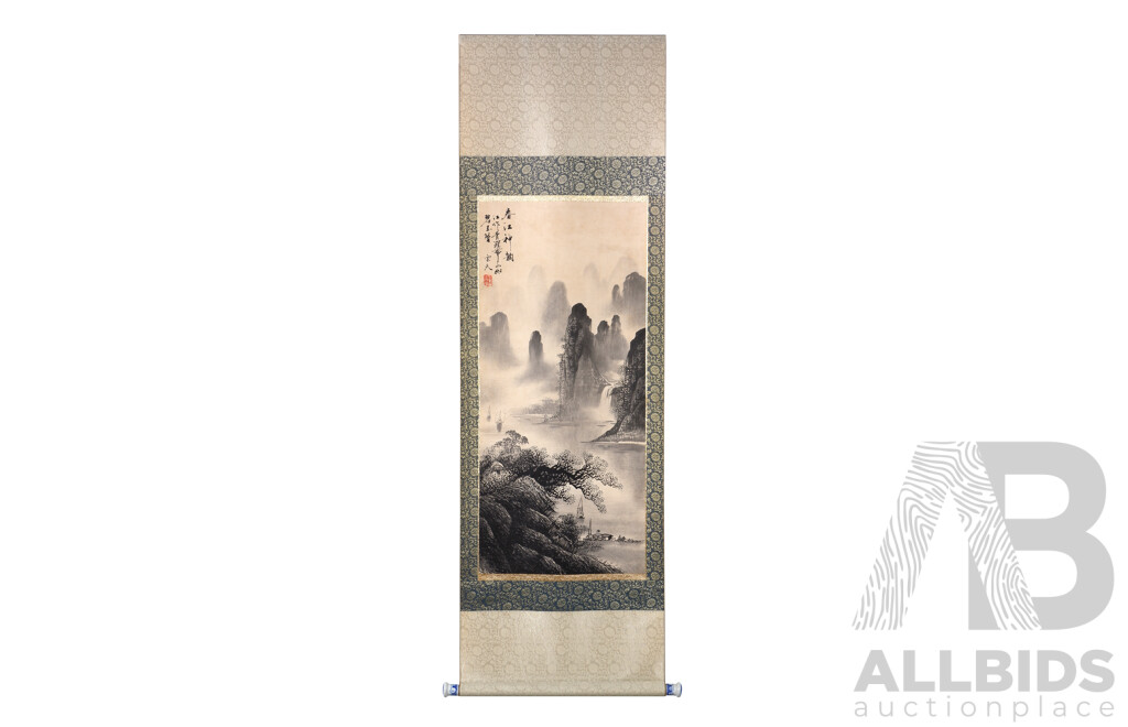 Vintage Chinese Scroll, Boats on the Water, Ink on Paper on Silk, 165 x 52 cm (in entirety)