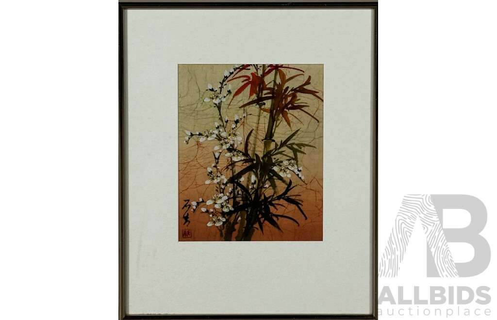 Mid-20th Century Japanese Panel, Blossoms and Bamboo, Ink and Pigment on Silk, 50 x 40 cm (frame)