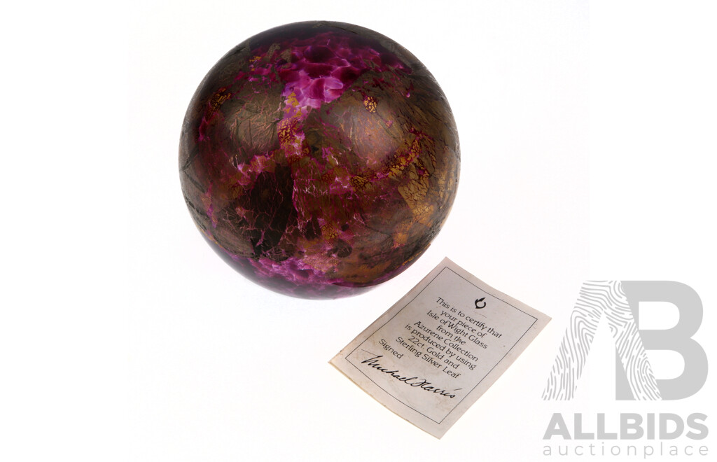 Genuine Isle of Wright Azurene Collection Art Glass Paperweight with 22K Gold and Sterling Silver Inclusions