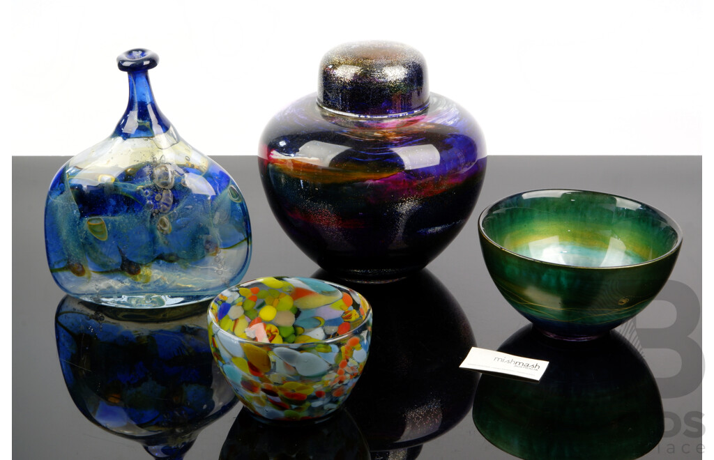 Collection Studio Art Glass Including Lidded Ginger Jar with Adventurine Inclusions, Two Mish Mash Bowls and More