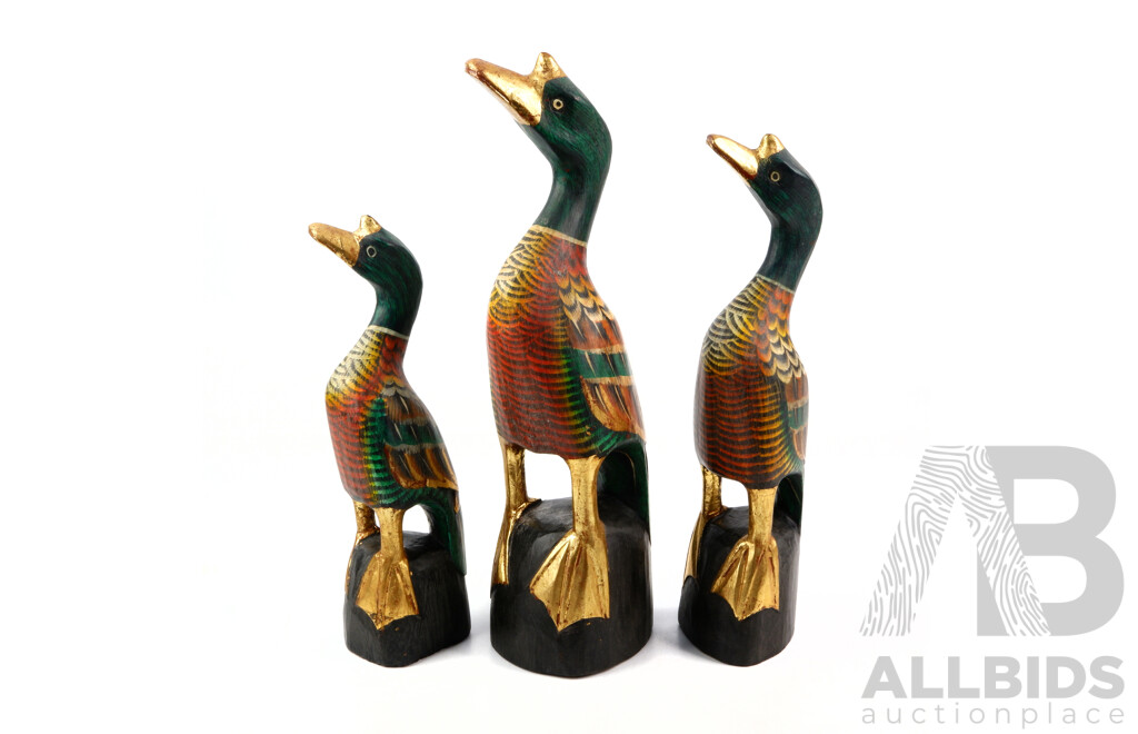 Three Hand Carved and Painted Duck Figures