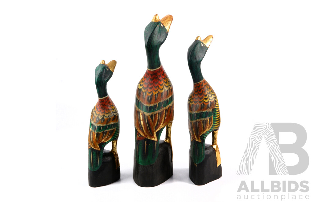 Three Hand Carved and Painted Duck Figures