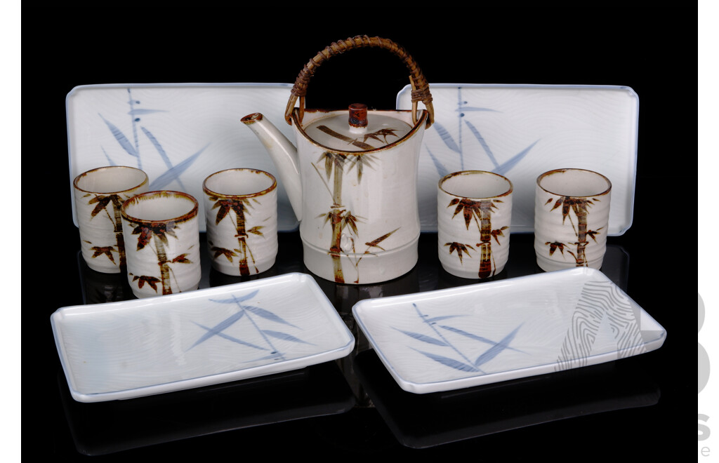 Retro Japanese Tokusei Pottery Teapot with Five Beakers Along with Four Japanese Porcelain Trays