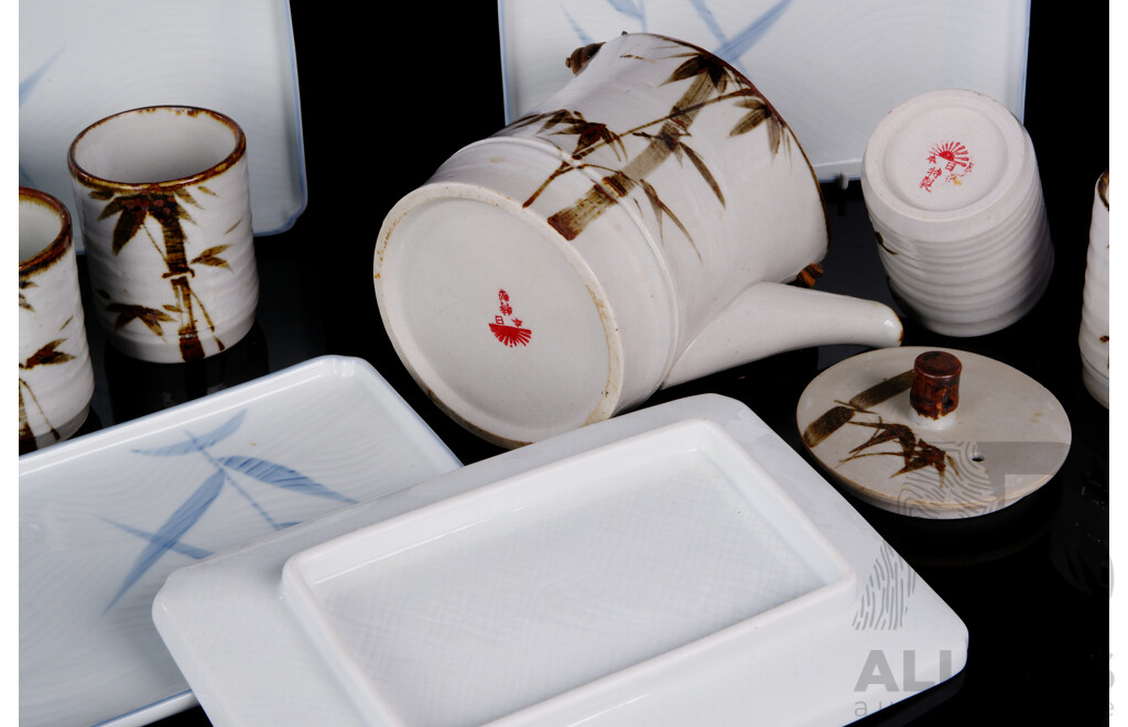 Retro Japanese Tokusei Pottery Teapot with Five Beakers Along with Four Japanese Porcelain Trays