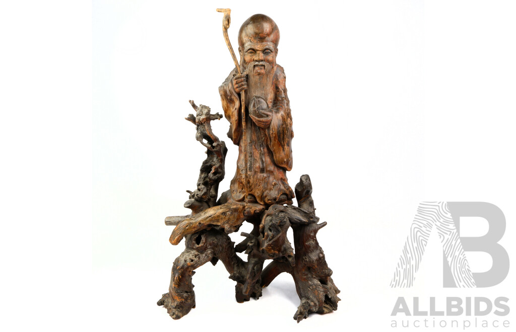 Vintage Hand Carved Chinese Driftwood Shou Lao Statue