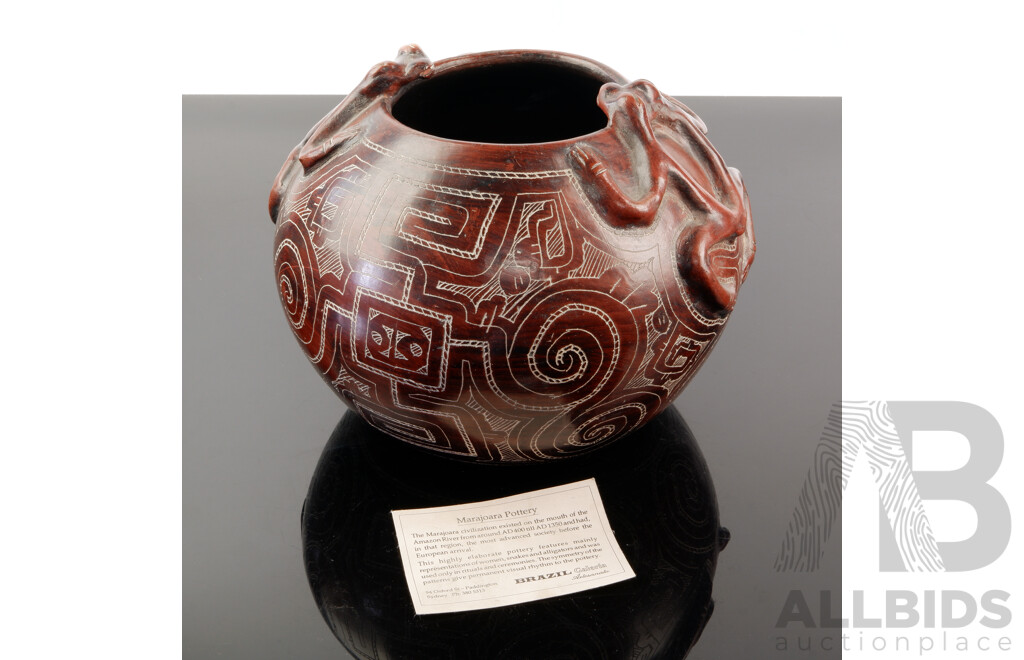 Handmade Marajoara Pottery Vessel with Frog Motif to Top and Elaborate Incised Decoration