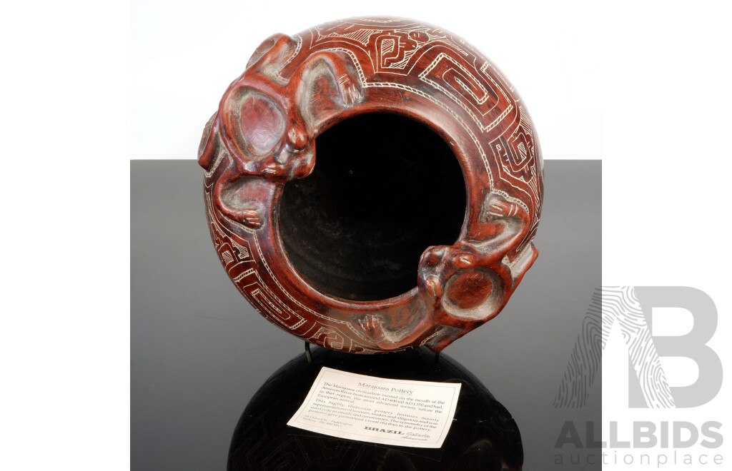 Handmade Marajoara Pottery Vessel with Frog Motif to Top and Elaborate Incised Decoration