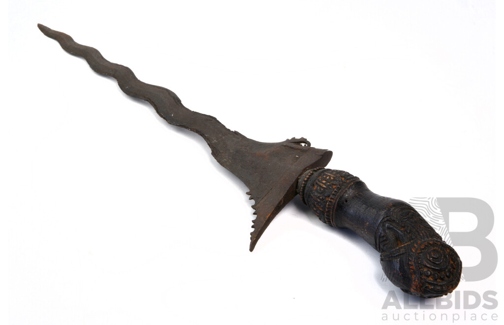 Antique South East Asian Javanese Cirebon Kris with Damascus Blade & Stylized Garuda Motif Wooden Handle