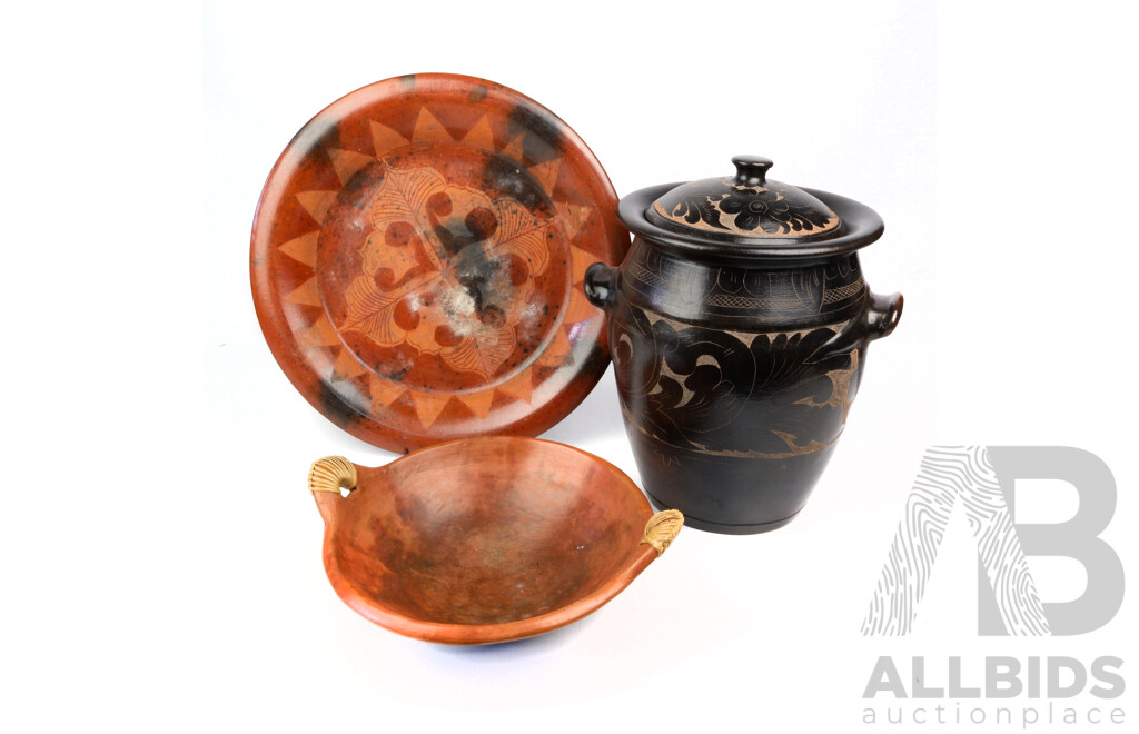 Three Hand Made Peruvian Pottery Items with Incised Decoration Comprising Lidded Crock, Small Dish and Large Shallow Dish