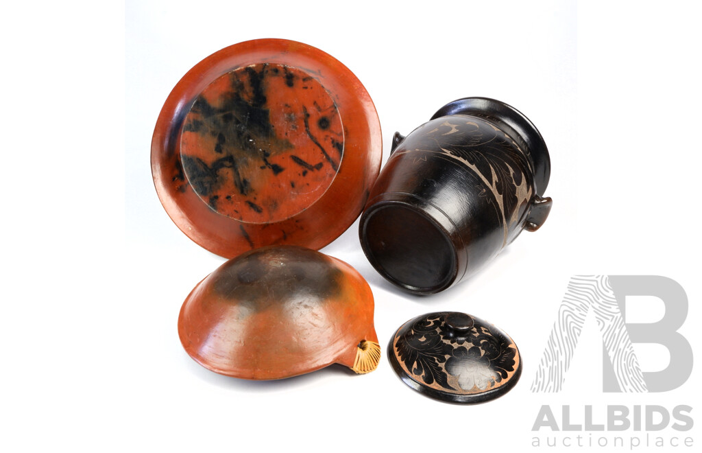 Three Hand Made Peruvian Pottery Items with Incised Decoration Comprising Lidded Crock, Small Dish and Large Shallow Dish