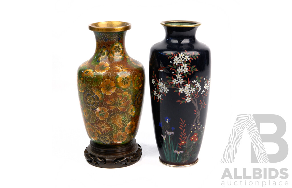 Two Vintage Chinese Cloisonne Vases with Different Decorations to Each, One with Carved Wooden Stand