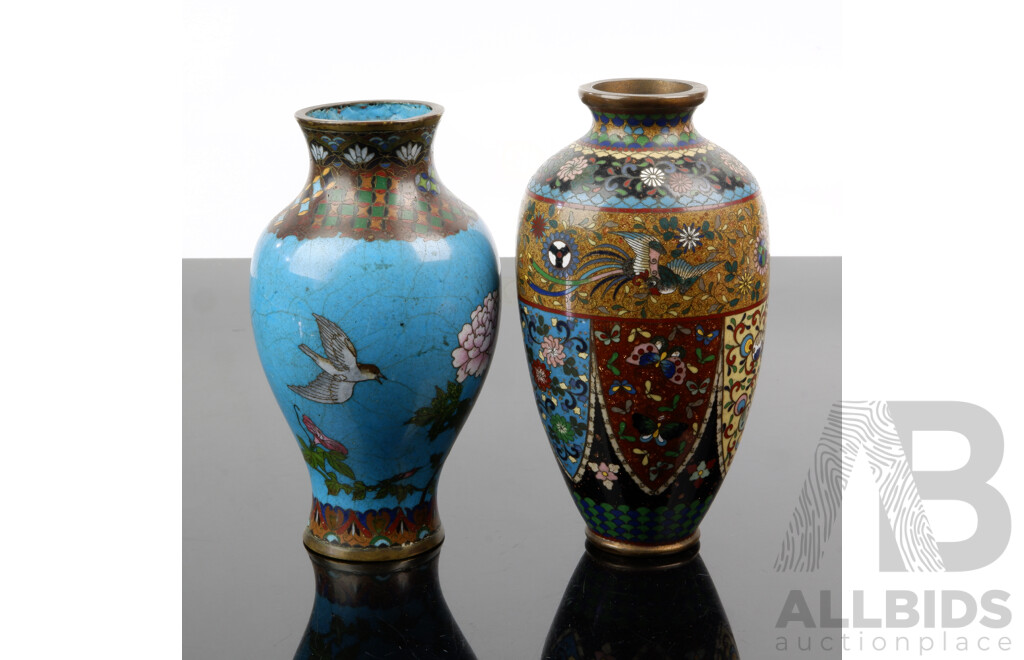 Two Vintage Chinese Cloisonne Vases with Different Decorations to Each Including One Example with Metallic Inclusions