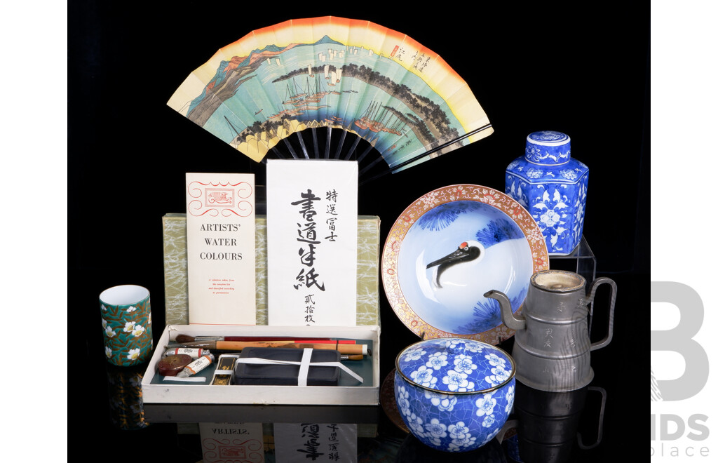 Collection Vintage Asian Ceramics and Souvenir Ware Including Cherry Blossom Motif Porcelain Items,  Antique Pewter Teapot and More