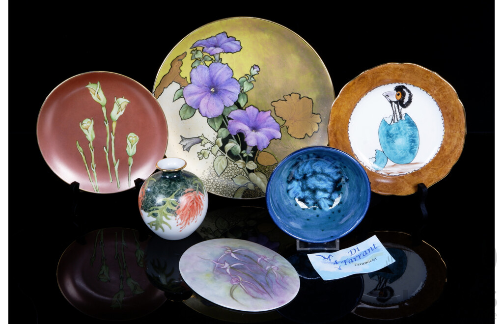 Collection Hand Painted Porcelain Pieces Including Plate & Vase by Marjorie Roche, Bowl by Di Tarrant and More