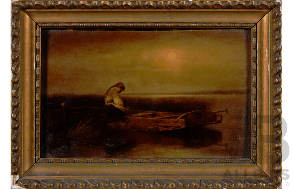 Artist Unknown (c1880s-1910), Pensive Girl Sitting in Boat, Vintage Crystoleum Print, 13 x 18 cm (frame)