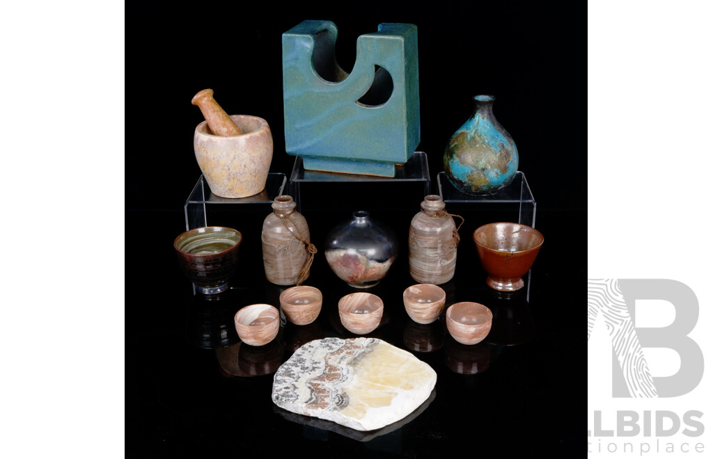 Interesting Collection Items Including Scholars Rock, Three Raku Glazed Pieces, Mottled Bronze Vase and More