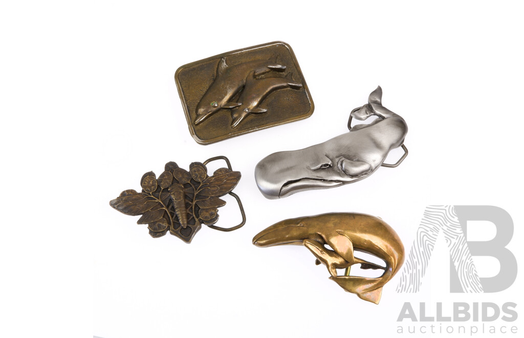 Collection Four Brass Belt Buckles Including Bee Themed Usa Made Bergamot Brass Works Example