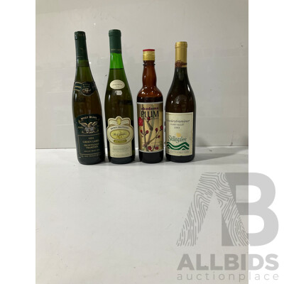 Collection of Four Bottles of Wine Including Wolf Glass Frontignan Traminer, Brown Brothers Gewürztraminer, Akadama Plum Wine and Skillogaklee Gewürztraminer