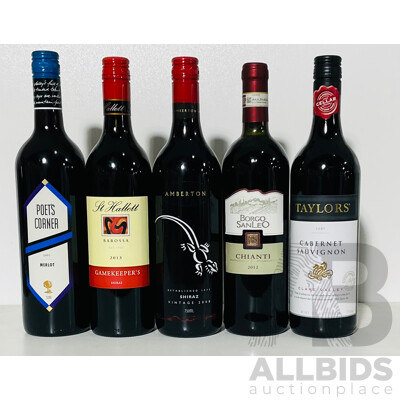 Five Bottles of Various Red Wines