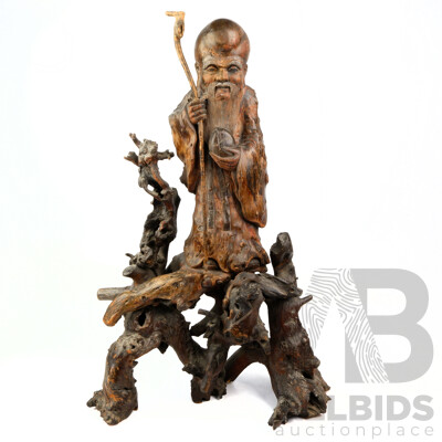 Vintage Hand Carved Chinese Driftwood Shou Lao Statue