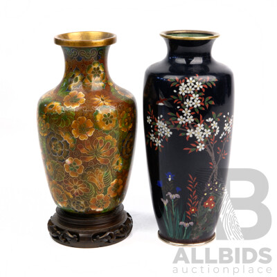 Two Vintage Chinese Cloisonne Vases with Different Decorations to Each, One with Carved Wooden Stand