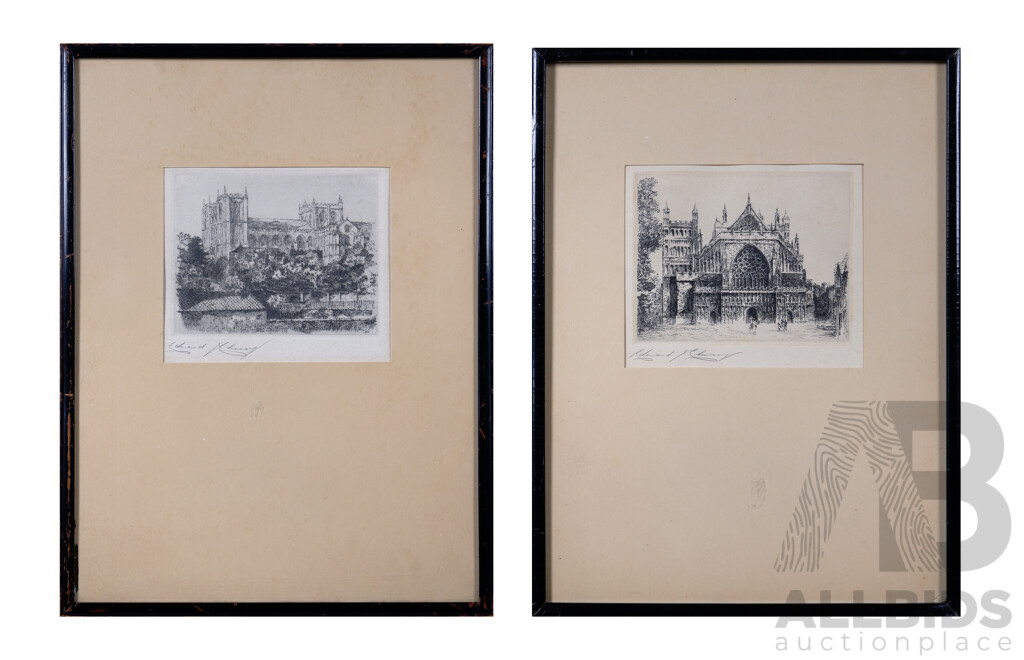 Edward J. Cherry, (Early 20th Century, British,1886-1960), Pair of Original Vintage Etchings (Artist Proofs), Ripon Cathedral South West and the Cathedral (Exeter) West Front, 10 x 13 cm (images) (2)