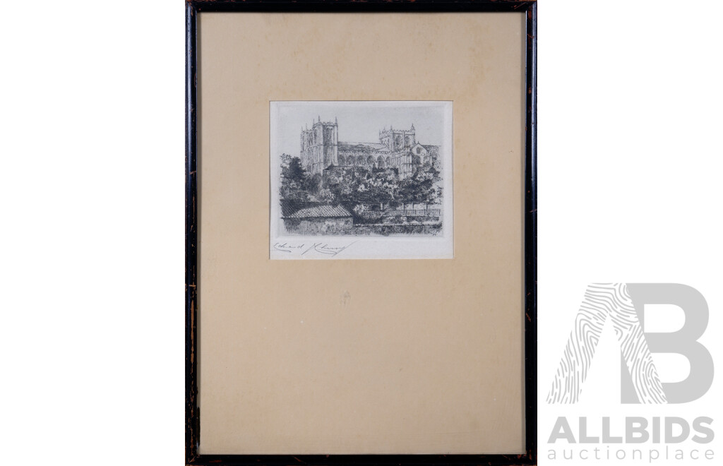 Edward J. Cherry, (Early 20th Century, British,1886-1960), Pair of Original Vintage Etchings (Artist Proofs), Ripon Cathedral South West and the Cathedral (Exeter) West Front, 10 x 13 cm (images) (2)