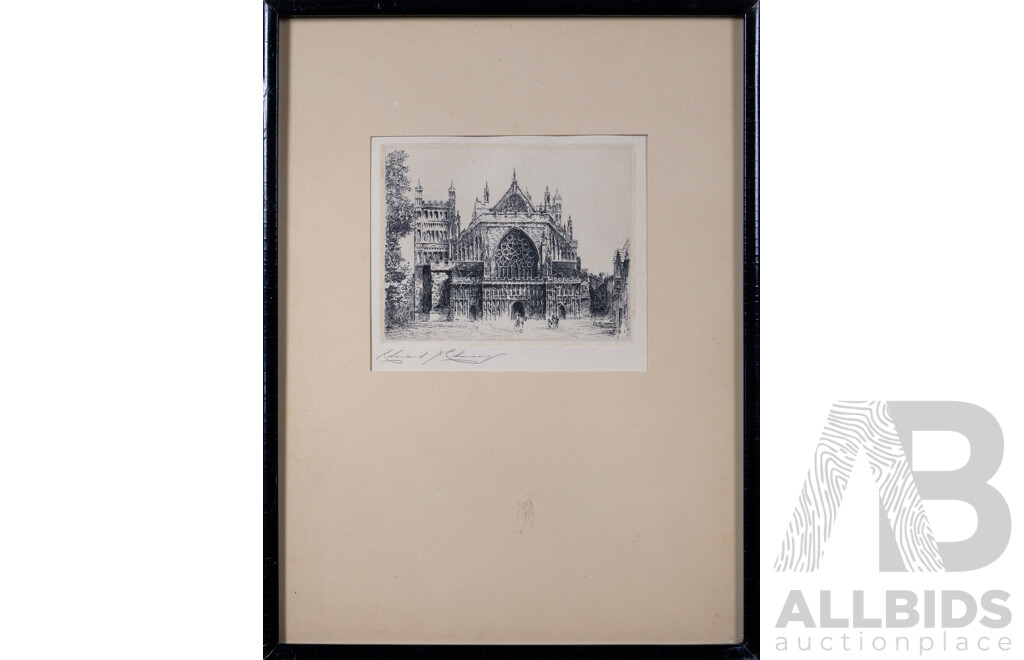 Edward J. Cherry, (Early 20th Century, British,1886-1960), Pair of Original Vintage Etchings (Artist Proofs), Ripon Cathedral South West and the Cathedral (Exeter) West Front, 10 x 13 cm (images) (2)