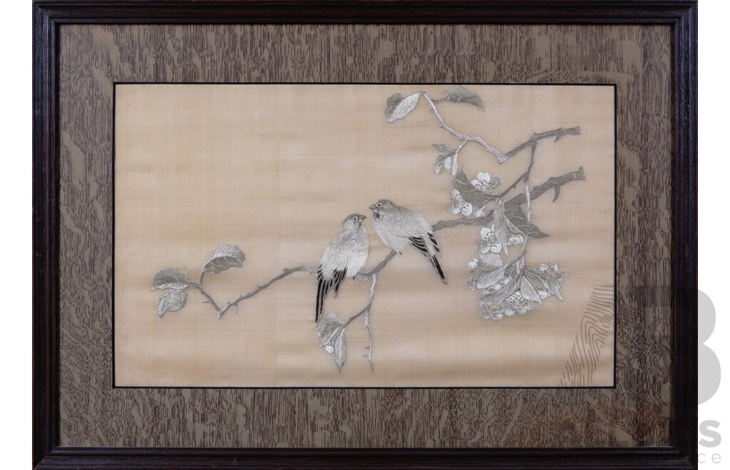 Artist Unknown, Pair of Vintage Chinese Embroidery on Silk Panel, Love Birds Perched on Branch, 28 x 46 cm (images) (2)