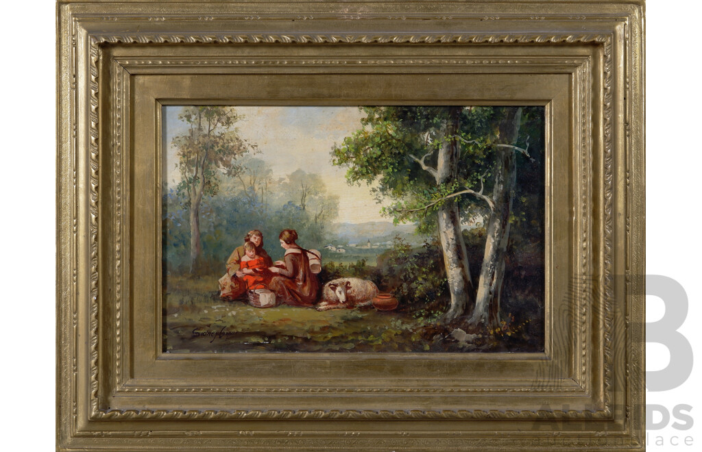 (Possibly) Attributed to Thomas Sidney Cooper, (19th Century, British, 1803-1902),  Picnic with a Goat Companion, Oil on Board, 34 x 44 cm (frame)